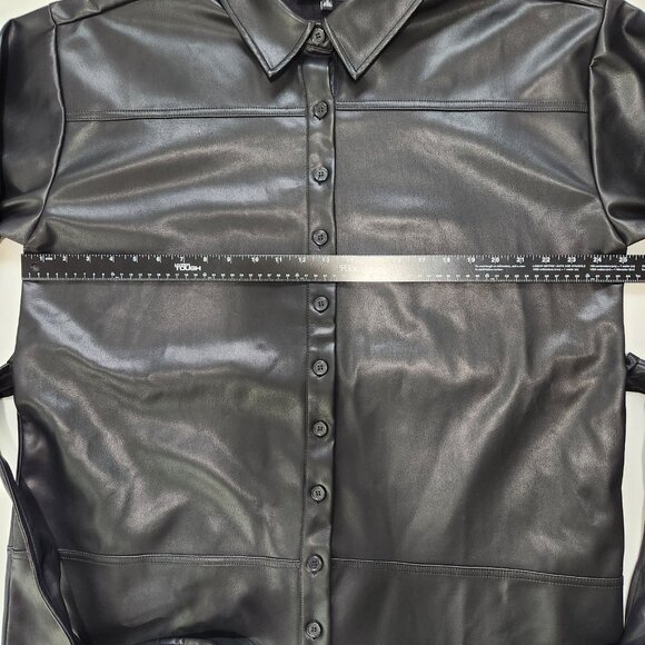 Eloquii Faux Leather Shirt Dress Plus Size 16 Short Black Button Up Belted Urban - Picture 6 of 11